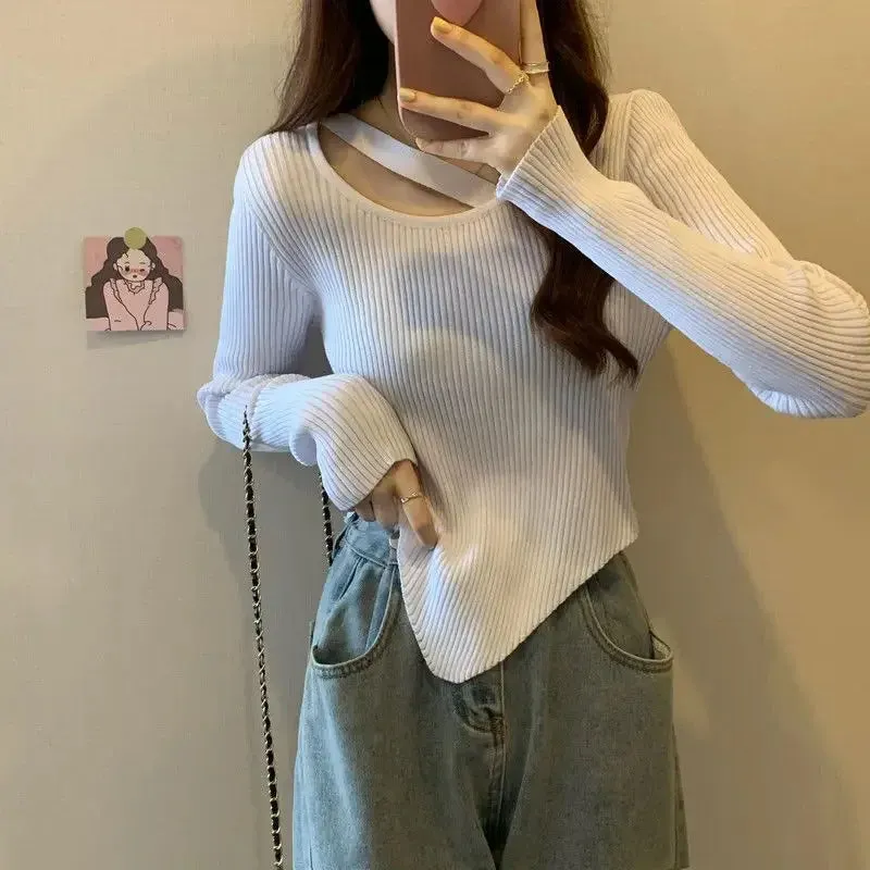 Fashion Sexy Y2K Women's Knitted Cropped Top Openwork Knitted Bottoming Shirt Sweater