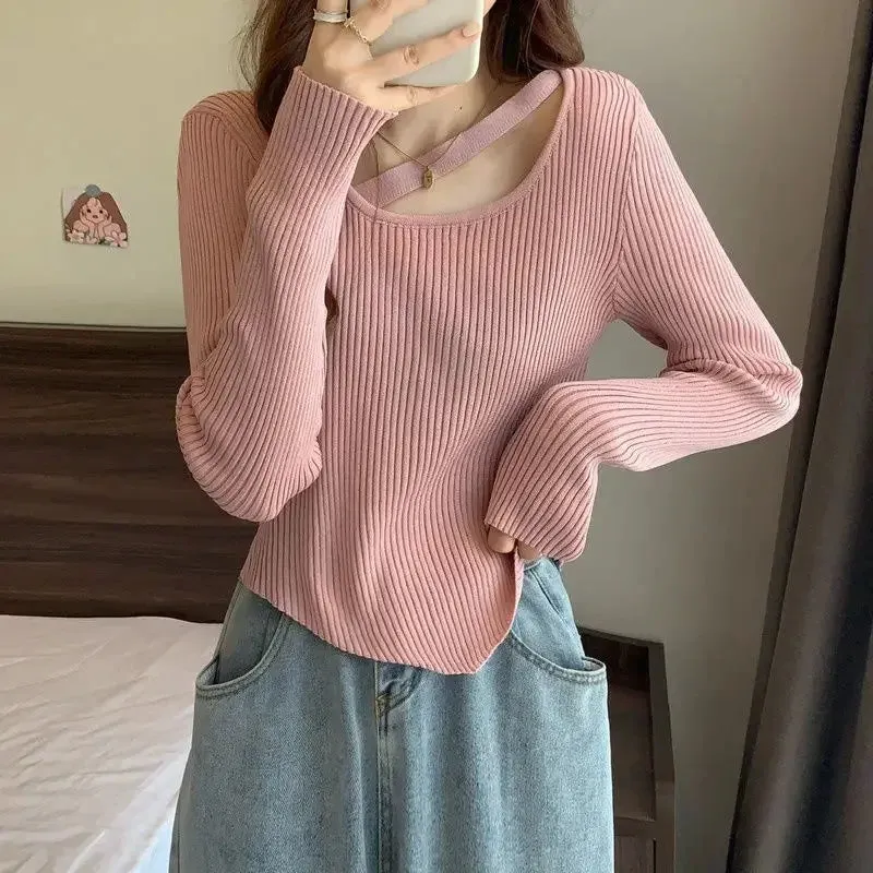 Fashion Sexy Y2K Women's Knitted Cropped Top Openwork Knitted Bottoming Shirt Sweater
